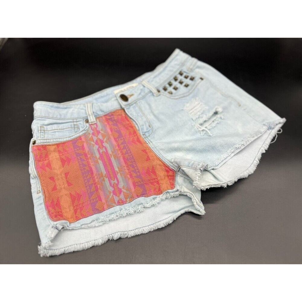 Life In Progress Denim Jean Shorts 27 Whitewashed Blue Aztec Print Coral Studded